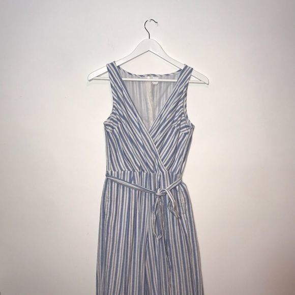 GAP Linen Cotton Jumpsuit Size 4 Blue Striped Apron Wide Leg Cropped - Picture 5 of 9